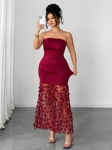 Elenzga Gaun Malam Seksi Tanpa Tali dengan Motif Bunga Kontras Warna Jala Berkerut di Pinggang, Ukuran Plus untuk Wanita, Cocok untuk Kencan, Makan Malam, Pesta, Perjalanan, dan Acara Lainnya - Burgundy - View 8