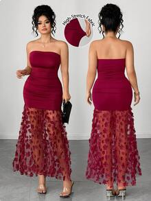 Elenzga Gaun Malam Seksi Tanpa Tali dengan Motif Bunga Kontras Warna Jala Berkerut di Pinggang, Ukuran Plus untuk Wanita, Cocok untuk Kencan, Makan Malam, Pesta, Perjalanan, dan Acara Lainnya - Burgundy - View 1