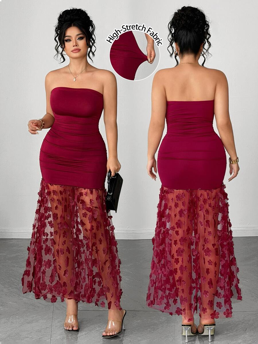 Elenzga Gaun Malam Seksi Tanpa Tali dengan Motif Bunga Kontras Warna Jala Berkerut di Pinggang, Ukuran Plus untuk Wanita, Cocok untuk Kencan, Makan Malam, Pesta, Perjalanan, dan Acara Lainnya - Burgundy - View 1
