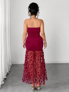 Elenzga Gaun Malam Seksi Tanpa Tali dengan Motif Bunga Kontras Warna Jala Berkerut di Pinggang, Ukuran Plus untuk Wanita, Cocok untuk Kencan, Makan Malam, Pesta, Perjalanan, dan Acara Lainnya - Burgundy - View 2