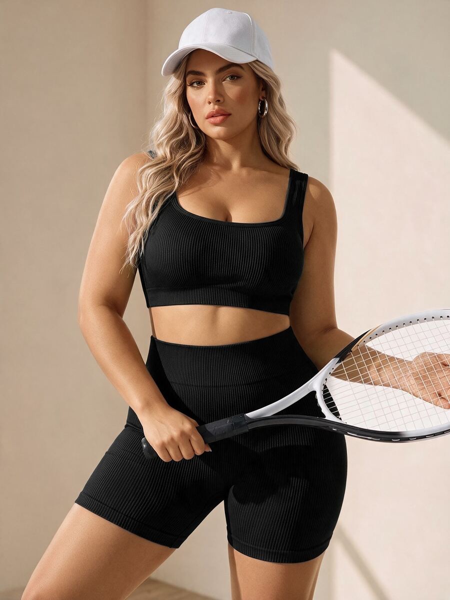 Rhythm Era Plus Size Solid Color Tank Top And Tight Shorts Sports Set - Black - View 1