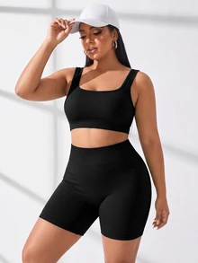 Rhythm Era Plus Size Solid Color Tank Top And Tight Shorts Sports Set - Black - View 3