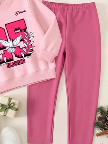 SHEIN طقم بنطلون وسويت شيرت بطبعة أرقام وحروف بياقة دائرية كاجوال للبنات الصغيرات، طقم سويت شيرت وبنطلون بنقشة نمر وفيونكة، أبيض لعيد ميلاد الخريف - متعدد الألوان - مشاهدة 6