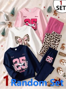 SHEIN طقم بنطلون وسويت شيرت بطبعة أرقام وحروف بياقة دائرية كاجوال للبنات الصغيرات، طقم سويت شيرت وبنطلون بنقشة نمر وفيونكة، أبيض لعيد ميلاد الخريف - متعدد الألوان - مشاهدة 3
