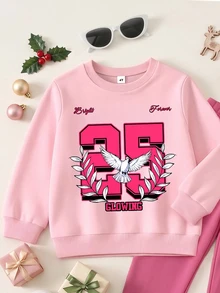 SHEIN طقم بنطلون وسويت شيرت بطبعة أرقام وحروف بياقة دائرية كاجوال للبنات الصغيرات، طقم سويت شيرت وبنطلون بنقشة نمر وفيونكة، أبيض لعيد ميلاد الخريف - متعدد الألوان - مشاهدة 5
