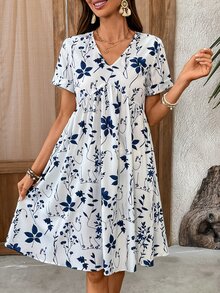 Medorina 女式优雅花卉印花V领短袖连衣裙，夏季 - 彩色 - 查看 3