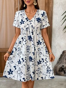 Medorina 女式优雅花卉印花V领短袖连衣裙，夏季 - 彩色 - 查看 9
