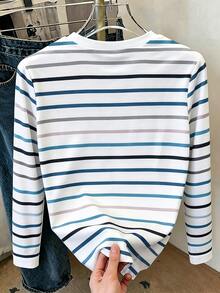 Resyla Kaos Wanita Lengan Panjang Bergaris Kerah Bulat Kasual Serbaguna - MultiWarna - View 2