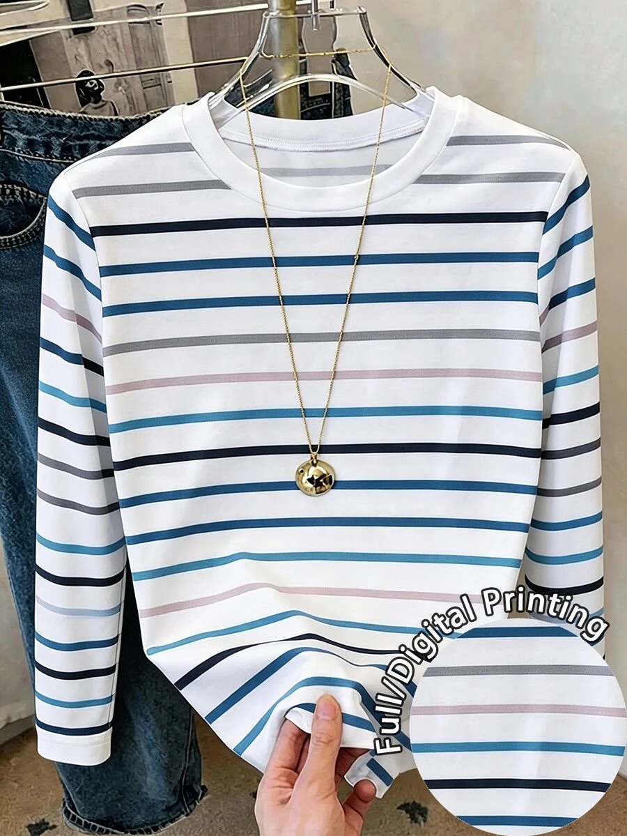 Resyla Kaos Wanita Lengan Panjang Bergaris Kerah Bulat Kasual Serbaguna - MultiWarna - View 1