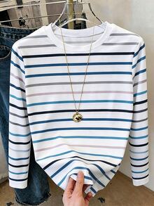 Resyla Kaos Wanita Lengan Panjang Bergaris Kerah Bulat Kasual Serbaguna - MultiWarna - View 3