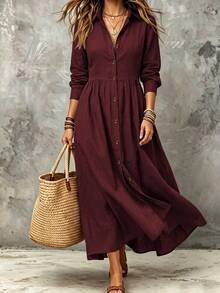 Linhara CURVE Plus Size Woven Elegant Summer Long Dress Fall - Red - View 1