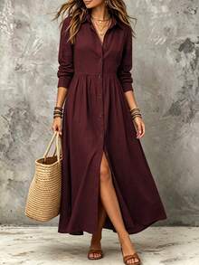 Linhara CURVE Plus Size Woven Elegant Summer Long Dress Fall - Red - View 3