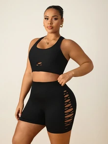 Rhythm Era Women's Plus Size Solid Color Backless Tank Top And Shorts Sports Set - Black - View 8