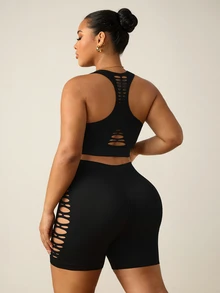 Rhythm Era Women's Plus Size Solid Color Backless Tank Top And Shorts Sports Set - Black - View 7