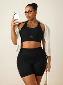 Rhythm Era Women's Plus Size Solid Color Backless Tank Top And Shorts Sports Set - Black - View 6