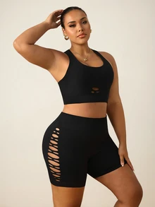Rhythm Era Women's Plus Size Solid Color Backless Tank Top And Shorts Sports Set - Black - View 4