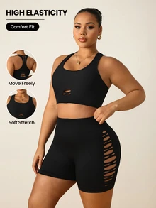 Rhythm Era Women's Plus Size Solid Color Backless Tank Top And Shorts Sports Set - Black - View 1