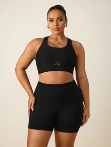 Rhythm Era Women's Plus Size Solid Color Backless Tank Top And Shorts Sports Set - Black - View 3