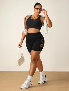 Rhythm Era Women's Plus Size Solid Color Backless Tank Top And Shorts Sports Set - Black - View 5