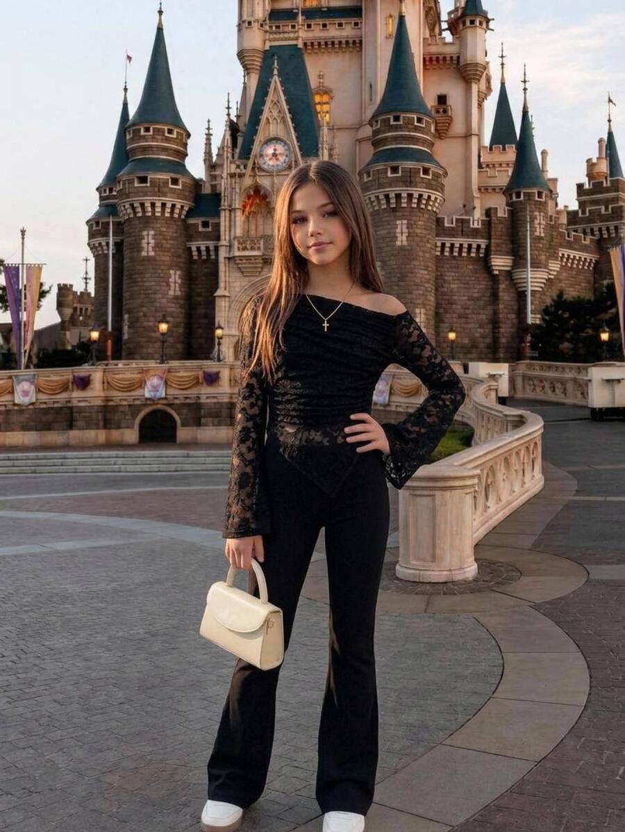 Firerie Kids Tween Girl 1pc Contrast Kids Lace Trumpet Sleeve Top & 1pc Flare Leg Pants - Black - View 1
