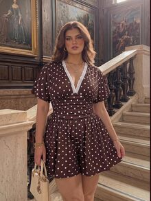 SHEIN MOD جمبسوت كاجوال متعدد الاستخدامات بمقاس كبير، بياقة على شكل حرف V وساق واسعة، بنقشة نقاط بنية، مناسب لجميع الفصول - بني - مشاهدة 1