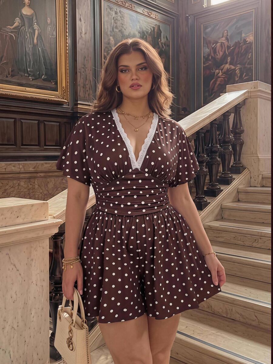 SHEIN MOD جمبسوت كاجوال متعدد الاستخدامات بمقاس كبير، بياقة على شكل حرف V وساق واسعة، بنقشة نقاط بنية، مناسب لجميع الفصول - بني - مشاهدة 1