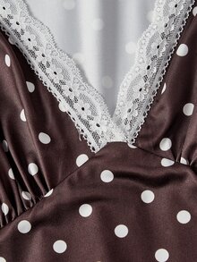 SHEIN MOD جمبسوت كاجوال متعدد الاستخدامات بمقاس كبير، بياقة على شكل حرف V وساق واسعة، بنقشة نقاط بنية، مناسب لجميع الفصول - بني - مشاهدة 5