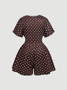 SHEIN MOD جمبسوت كاجوال متعدد الاستخدامات بمقاس كبير، بياقة على شكل حرف V وساق واسعة، بنقشة نقاط بنية، مناسب لجميع الفصول - بني - مشاهدة 2