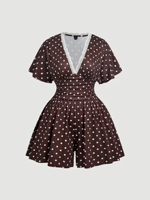 SHEIN MOD جمبسوت كاجوال متعدد الاستخدامات بمقاس كبير، بياقة على شكل حرف V وساق واسعة، بنقشة نقاط بنية، مناسب لجميع الفصول - بني - مشاهدة 3
