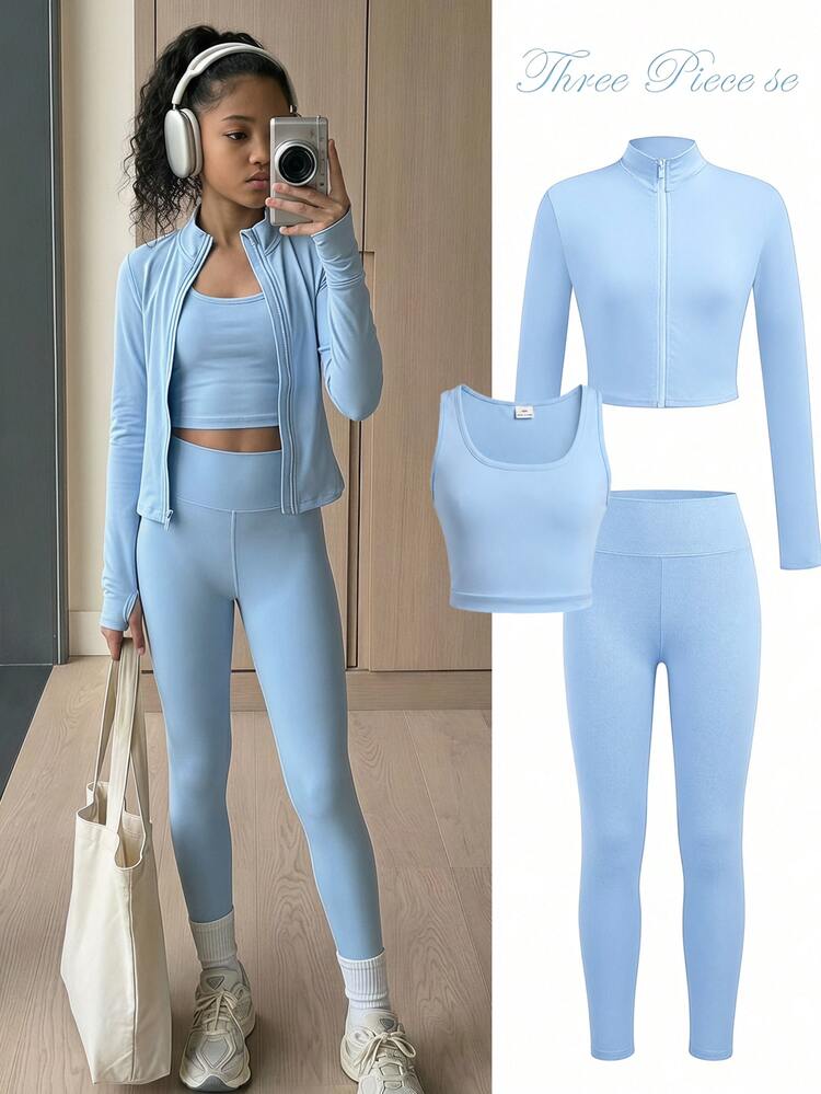SHEIN Tween Girl Blue Long Kids Sleeve Zip-Up Mock Neck T-Shirt, Vest And Leggings Sports Outfit 3pcs Set - Blue - View 1
