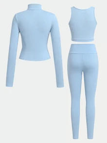 SHEIN Tween Girl Blue Long Kids Sleeve Zip-Up Mock Neck T-Shirt, Vest And Leggings Sports Outfit 3pcs Set - Blue - View 5