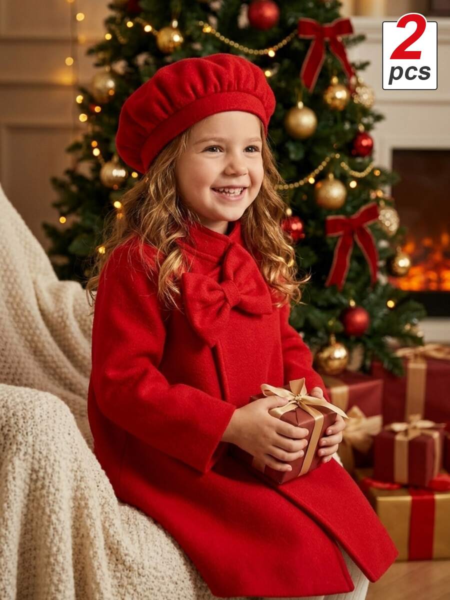 SHEIN Elladie kids 女童秋冬長袖羊毛大衣，蝴蝶結裝飾，聖誕節慶穿搭，休閒外套，適合日常穿著、上學或派對