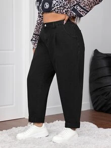 SHEIN CURVE+ بنطلون جينز نسائي كاجوال للارتداء اليومي بمقاسات كبيرة مع جيوب - الأسود - مشاهدة 4
