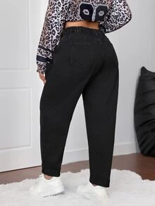 SHEIN CURVE+ بنطلون جينز نسائي كاجوال للارتداء اليومي بمقاسات كبيرة مع جيوب - الأسود - مشاهدة 2
