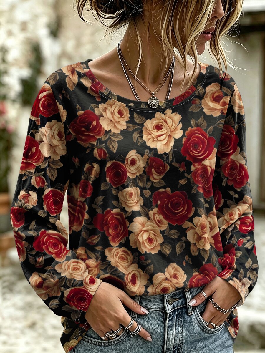 EMERY ROSE 大尺碼女款休閒玫瑰花卉印花圓領長袖T恤上衣,適合日常穿著 - 黑色 - 查看 1