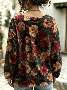EMERY ROSE 大尺碼女款休閒玫瑰花卉印花圓領長袖T恤上衣，適合日常穿著 - 黑色 - 查看 2
