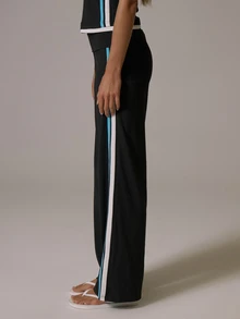 Musera Sport Foldover Waist Contrast Colour Side Stripe Wide Leg Coord Yoga Style Pants Fall Autumn Winter Gym Active Pilates Motion - Black - View 3