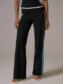 Musera Sport Foldover Waist Contrast Colour Side Stripe Wide Leg Coord Yoga Style Pants Fall Autumn Winter Gym Active Pilates Motion - Black - View 2