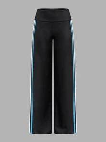 Musera Sport Foldover Waist Contrast Colour Side Stripe Wide Leg Coord Yoga Style Pants Fall Autumn Winter Gym Active Pilates Motion - Black - View 6