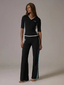 Musera Sport Foldover Waist Contrast Colour Side Stripe Wide Leg Coord Yoga Style Pants Fall Autumn Winter Gym Active Pilates Motion - Black - View 1