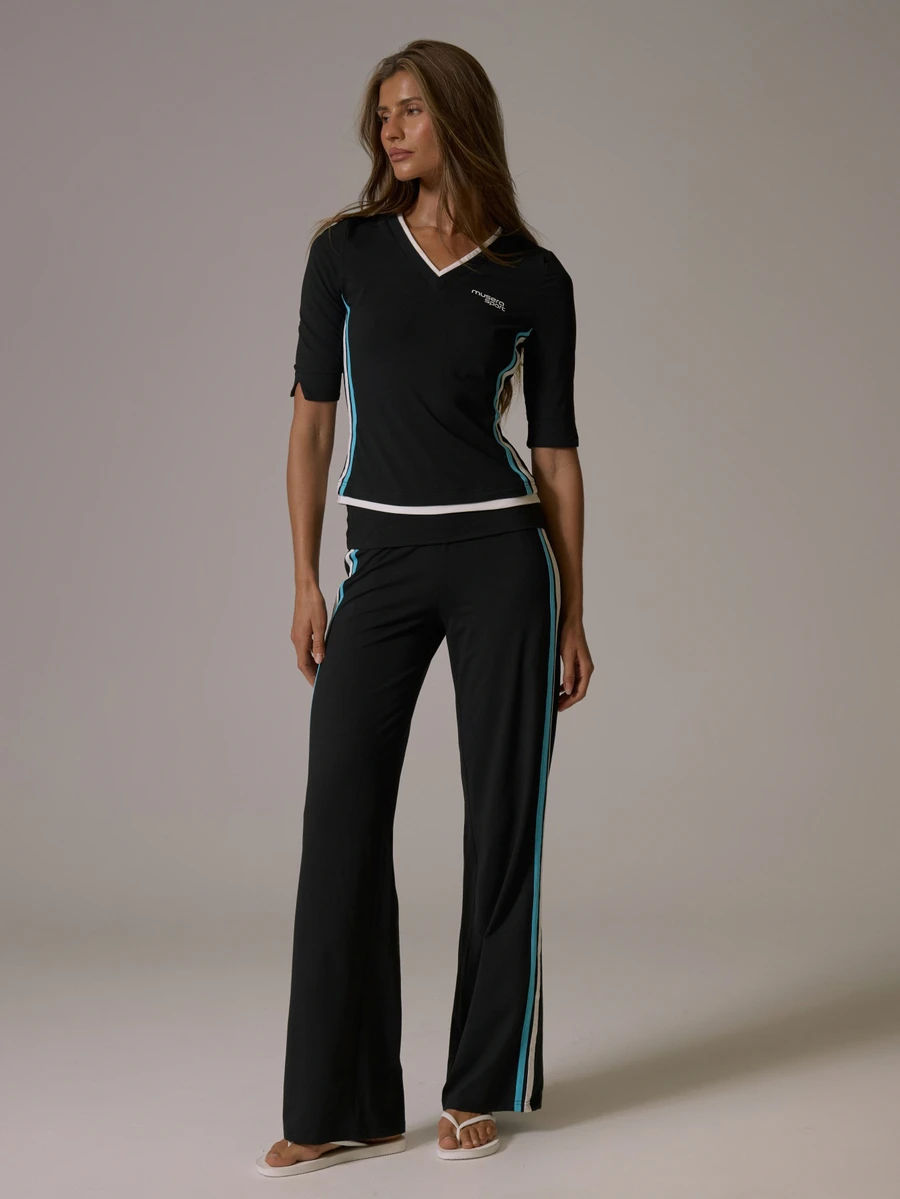 Musera Sport Foldover Waist Contrast Colour Side Stripe Wide Leg Coord Yoga Style Pants Fall Autumn Winter Gym Active Pilates Motion - Black - View 1