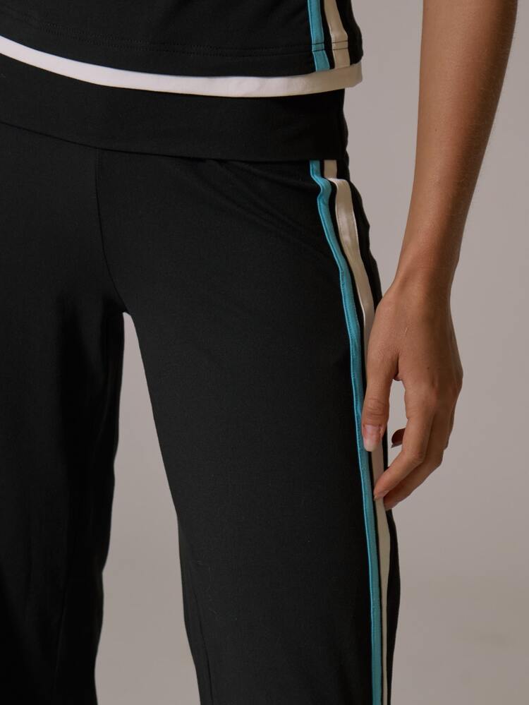 Musera Sport 折疊腰頭對比色側條紋寬腿套裝瑜伽風運動褲 秋冬健身運動皮拉提斯活動褲 - 黑色 - 查看 5