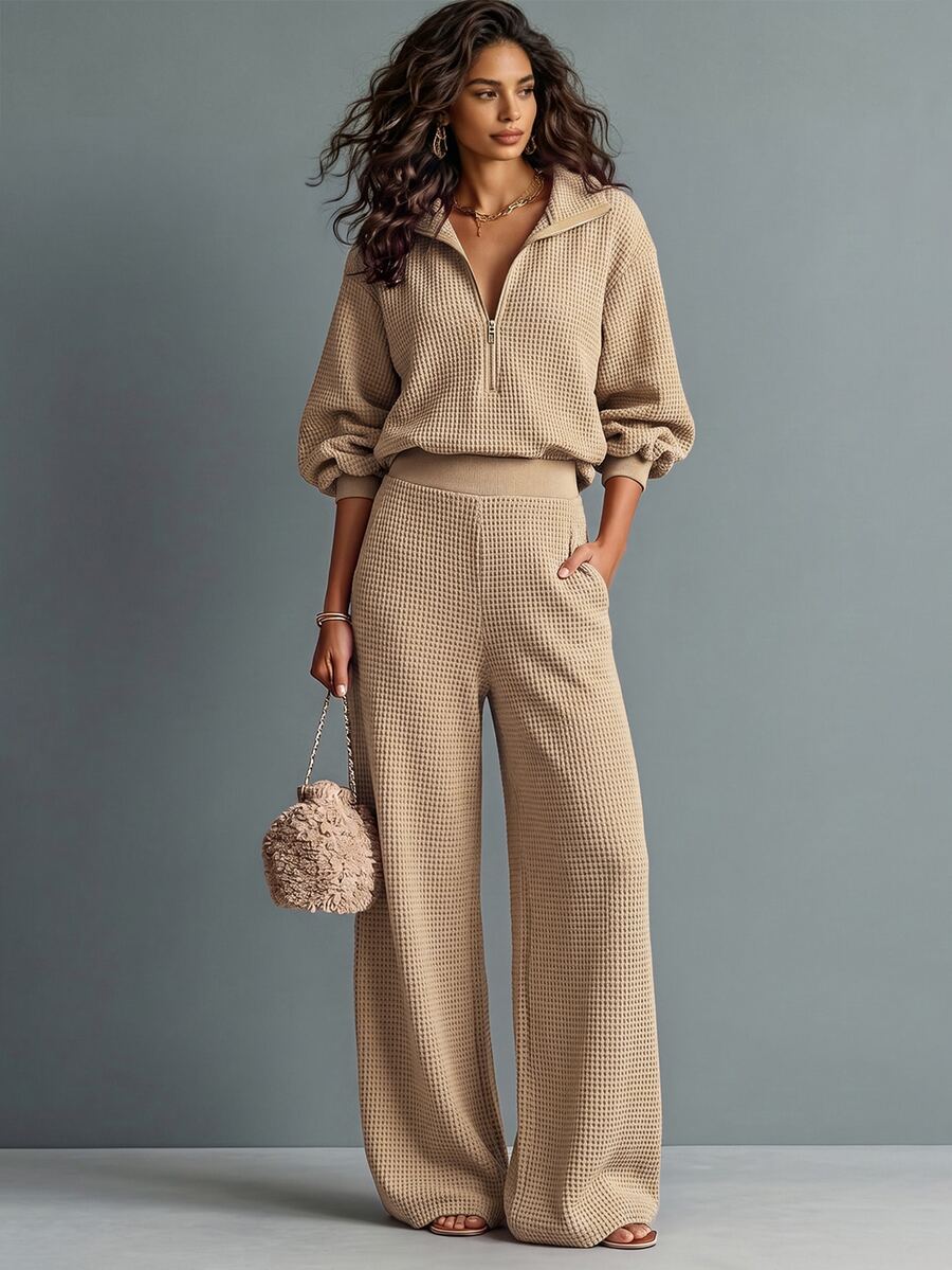 SHEIN Women's Casual Lazy Knit 2-Piece Set With Metal Zipper Decor Pullover Sweatshirt And Sweatpants, Autumn Outwear, Back To School, Office Wear, Commute Elegant Outfit