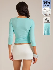 SHEIN Tall Women's Solid Color 3/4 Sleeve V-Neck Slimming T-Shirt - Teal Blue - View 10