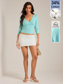 SHEIN Tall Women's Solid Color 3/4 Sleeve V-Neck Slimming T-Shirt - Teal Blue - View 8