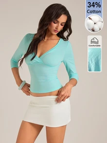 SHEIN Tall Women's Solid Color 3/4 Sleeve V-Neck Slimming T-Shirt - Teal Blue - View 9