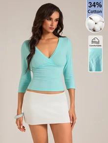 SHEIN Tall Women's Solid Color 3/4 Sleeve V-Neck Slimming T-Shirt - Teal Blue - View 6