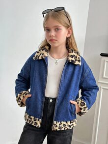 SHEIN 女童秋冬深藍色牛仔豹紋抓絨內裡寬鬆長袖夾克 - 藍色 - 查看 5