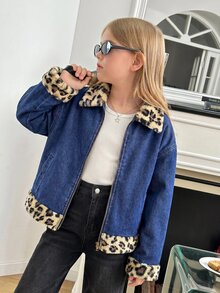 SHEIN 女童秋冬深藍色牛仔豹紋抓絨內裡寬鬆長袖夾克 - 藍色 - 查看 10