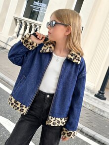 SHEIN 女童秋冬深藍色牛仔豹紋抓絨內裡寬鬆長袖夾克 - 藍色 - 查看 6